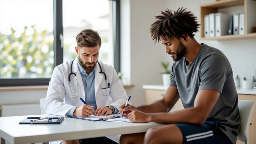 Futbolista con lesión de cadera siendo examinado por médico deportivo