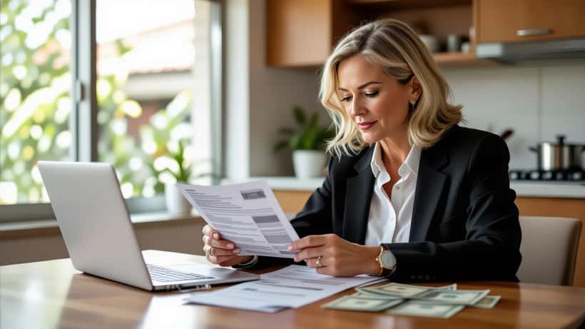 Australian woman reviewing bank statement and savings rates at kitchen table after RBA rate hike announcement
