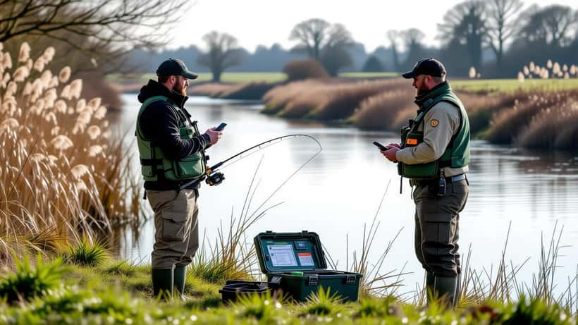 Angler showing fishing licence to Environment Agency officer on English riverbank
