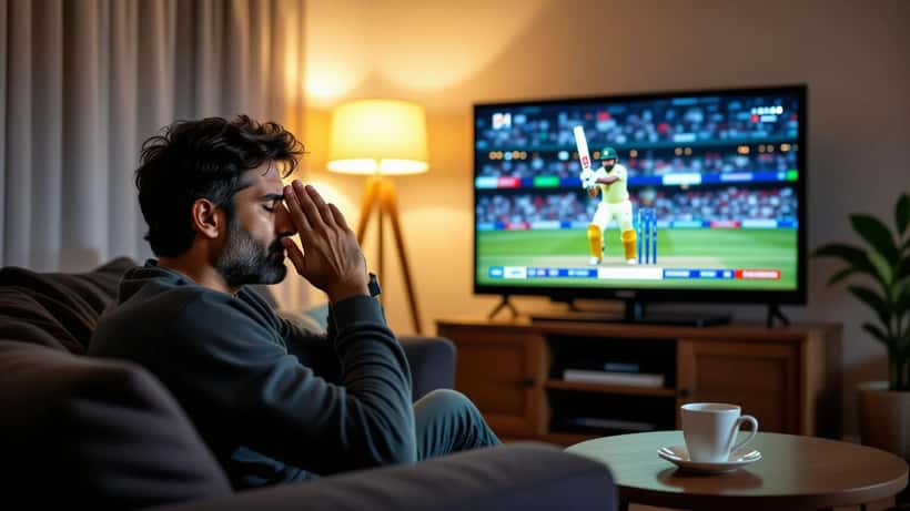 Australian cricket fan rubbing tired eyes while watching Pakistan vs Sri Lanka match on screen at night