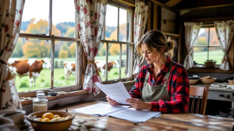 Couple examinant des documents juridiques dans une ferme laitière normande en automne 2026