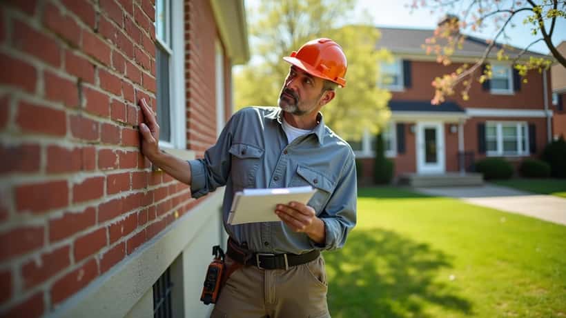 Home inspector examining foundation of suburban brick house in Detroit