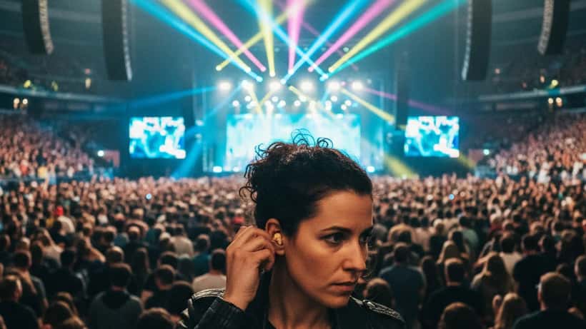 A woman inserting a musician earplug at an arena concert with stage lights and crowd in background