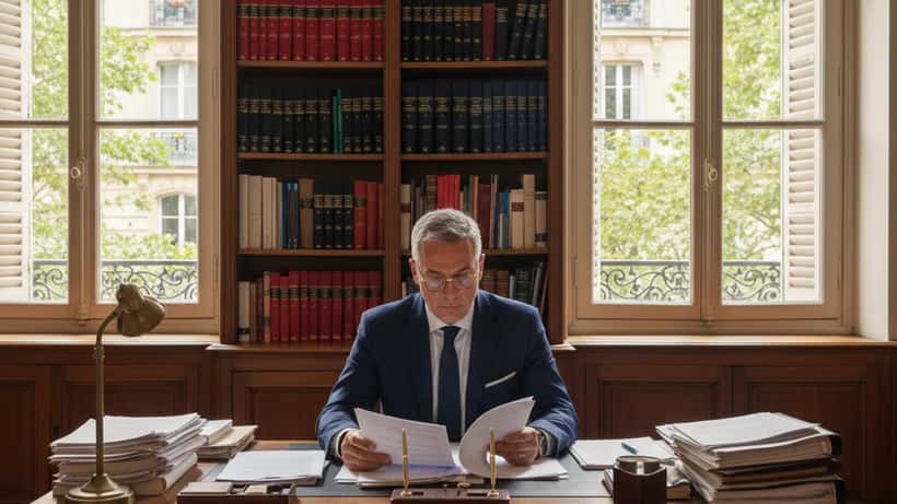 Avocat français en costume marine consultant des documents juridiques dans son bureau parisien