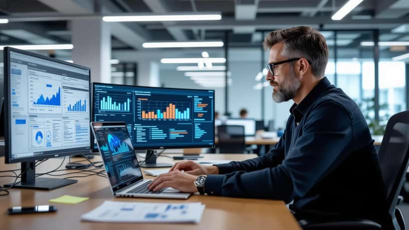 IT consultant reviewing AI compliance regulations and EU AI Act documents at a conference table, 2026