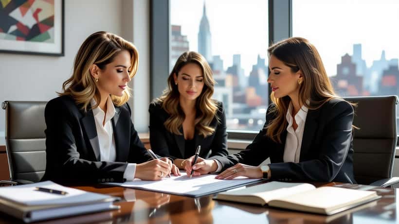 Entertainment attorney reviewing modeling contract with teenage model and parent in Manhattan law office