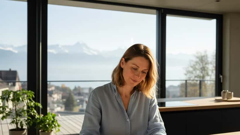 Femme suisse qui examine sa facture de gaz à Genève avec calculatrice et notes