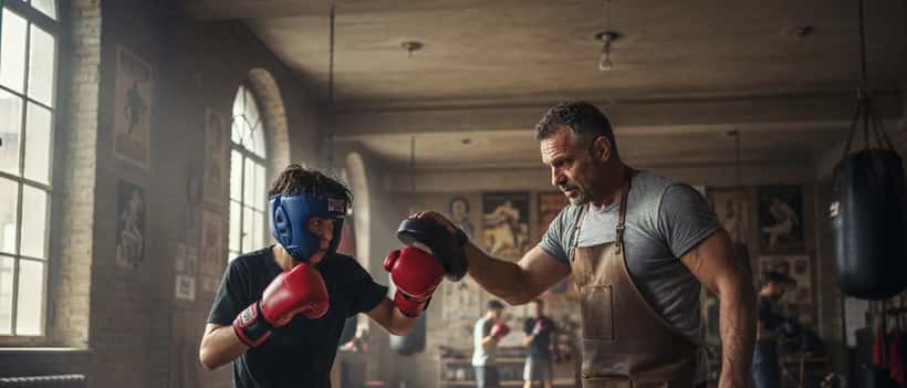 Adolescente con guantoni da boxe che si allena in palestra con allenatore