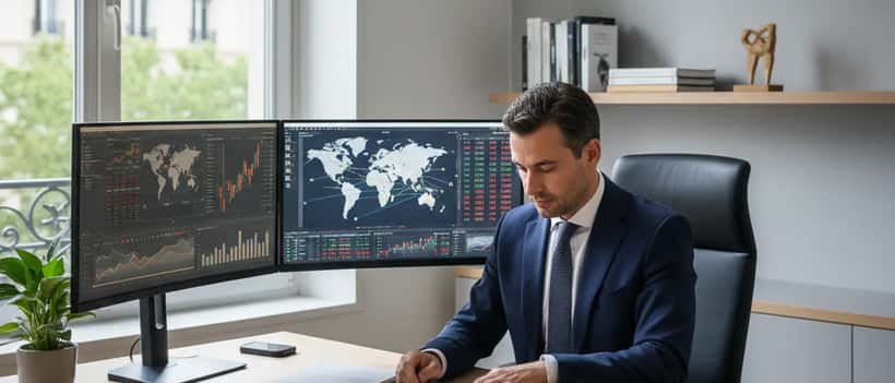 Conseiller en gestion de patrimoine analysant un portefeuille d'investissement dans un bureau parisien moderne