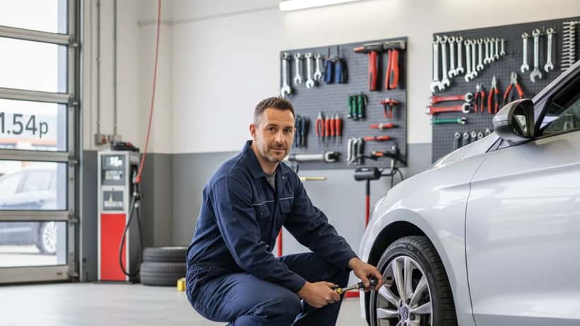 UK mechanic checking tyre pressure in Birmingham garage as fuel prices hit record high in April 2026