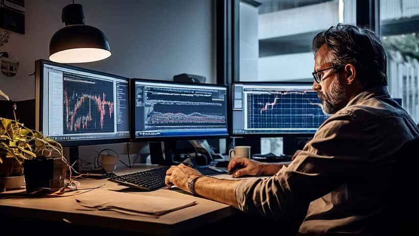 Especialista em cibersegurança a analisar emails de phishing em dois monitores num escritório em Lisboa