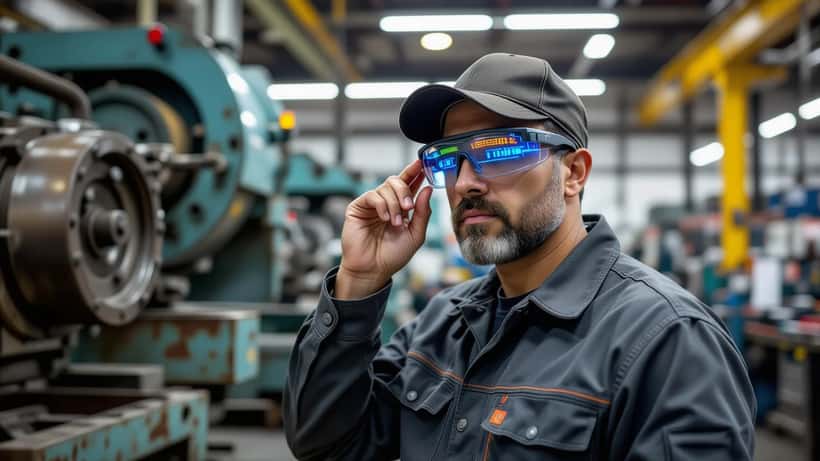 Técnico con gafas de realidad aumentada en planta industrial mostrando señales de fatiga ocular