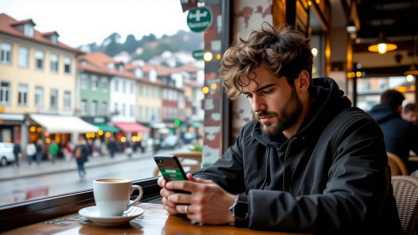 Homem português consulta telemóvel com notificação de conta bloqueada em app de apostas durante jogo Barcelona-Getafe