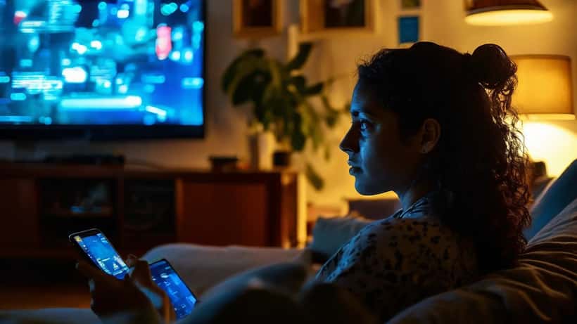 Mulher brasileira em apartamento de São Paulo assistindo reality show à noite, com celular na mão e expressão ansiosa