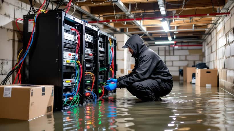 Expert informatique examinant un serveur endommagé dans un sous-sol inondé à Locarno, Suisse