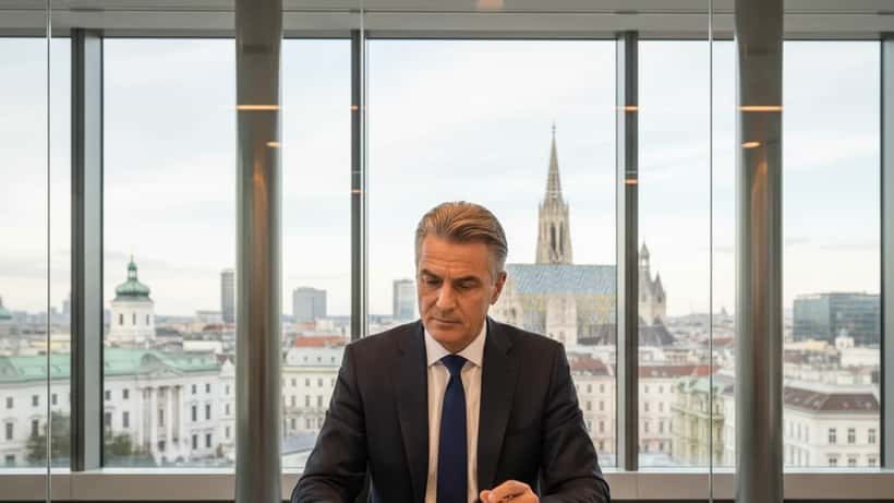 Österreichischer Bankmanager prüft Gehaltsunterlagen in Wiener Büro