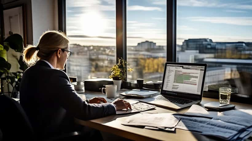 Norsk investor gjennomgår utbytteskatt og aksjeportefølje på laptop i kontormiljø