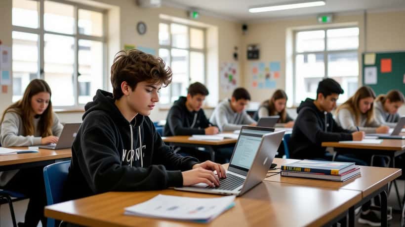 Aluno do ensino secundário com laptop aberto no Google Classroom na sala de aula em Portugal