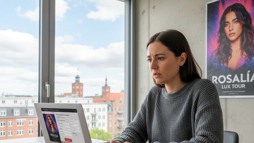 Junge Frau in Berlin prüft skeptisch ein Online-Konzertticket auf dem Laptop