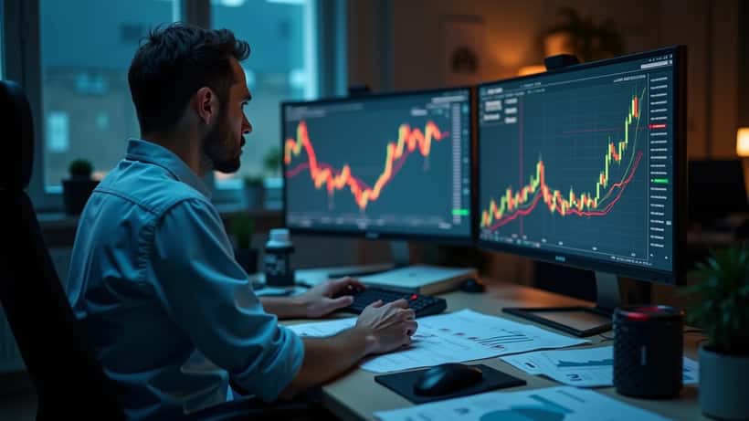 Finanzberater analysiert AMD-Aktie und Tech-Portfolio auf Computerbildschirmen