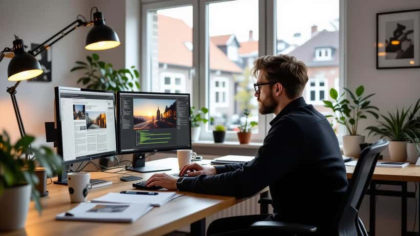 Journalist arbejder ved computer på dansk regionalavis-redaktion