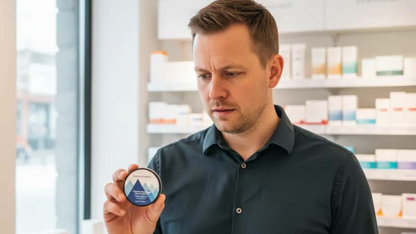 Mann holder nikotinposer ved tobakksdisk i norsk apotek