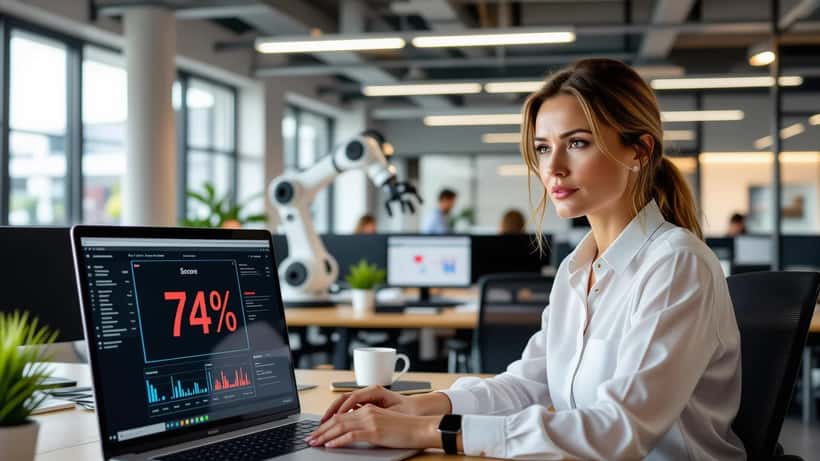 Norsk arbeidstaker ser bekymret på laptop med AI-prestasjonsscore i åpent kontorlandskap med robotarm synlig i bakgrunnen