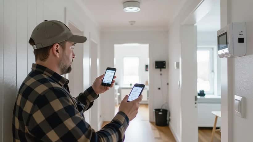 Hemelektroniktekniker testar en vit sammankopplad brandvarnare i taket i ett svenskt radhus