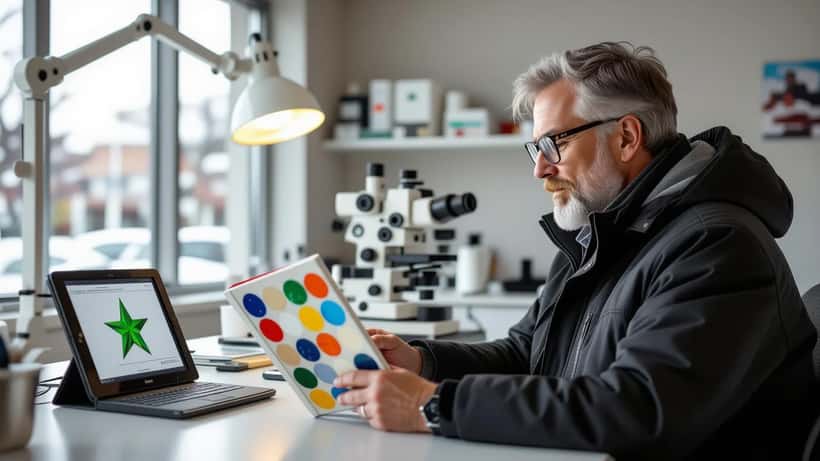 Optometrist showing a colour-plate test to a patient beside a tablet with a green star illustration