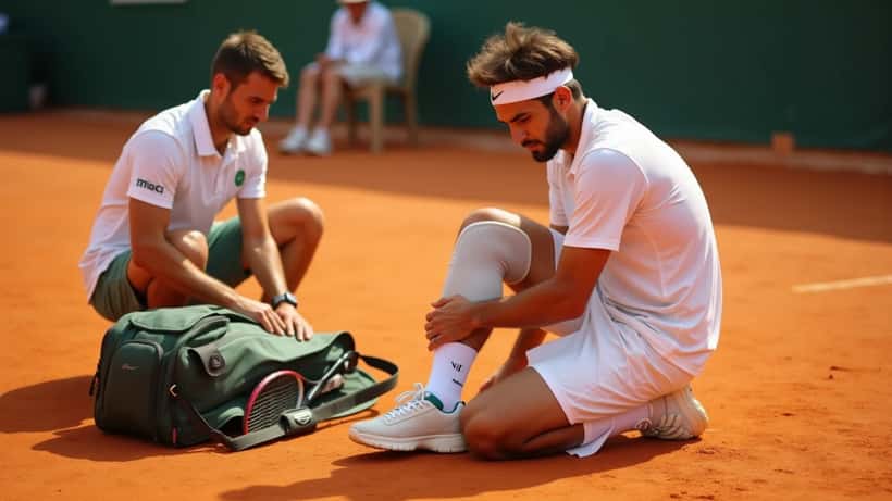 Tennis player with knee support kneeling on clay court with physiotherapist during injury assessment