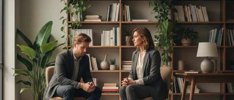 Psychologue en consultation avec un patient dans un cabinet moderne et lumineux