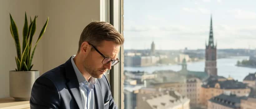 Svensk advokat granskar brottmålsdokument i Stockholmskontor