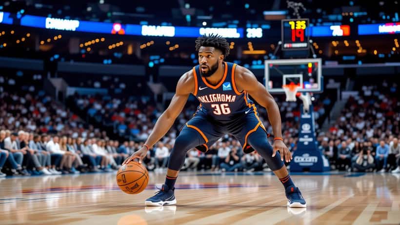 NBA basketball player in Oklahoma City Thunder uniform in a defensive stance on arena hardwood court