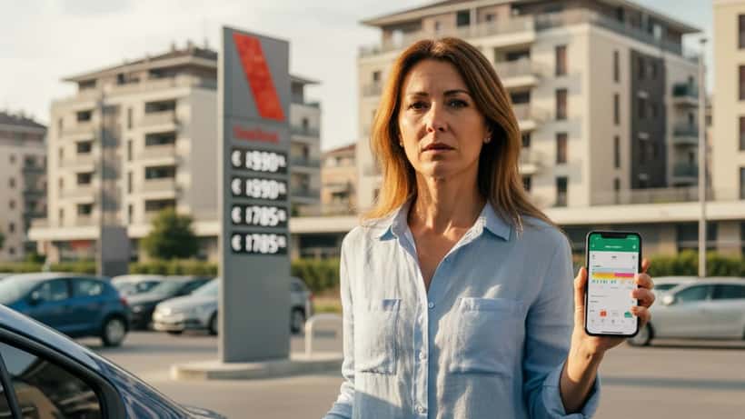 Donna italiana al distributore di benzina mentre controlla il budget familiare sul telefono