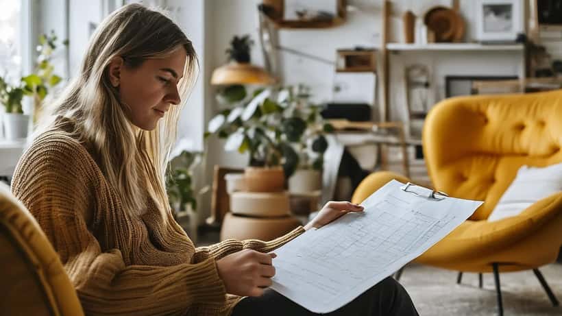 Inredningsdesigner inspekterar modern möbel i skandinavisk showroom