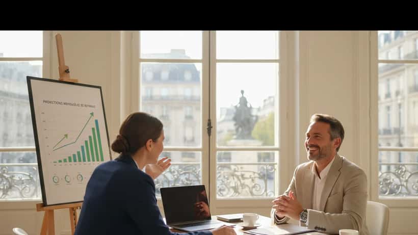 Conseiller en gestion de patrimoine expliquant une stratégie financière à un client dans un bureau parisien