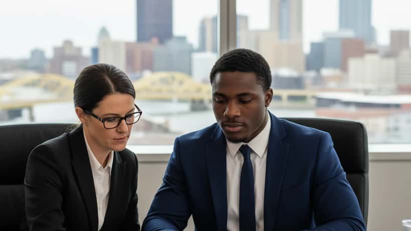 Young NFL Draft prospect reviews contract documents with sports attorney in Pittsburgh 2026