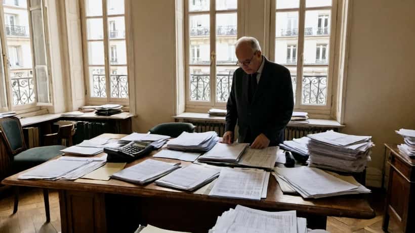 Notaire parisien examinant des documents fiscaux immobiliers dans un bureau haussmannien