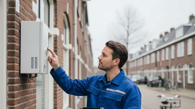 Nederlandse monteur in werkkleding inspecteert een warmtepomp aan een bakstenen rijtjeshuis in Rotterdam