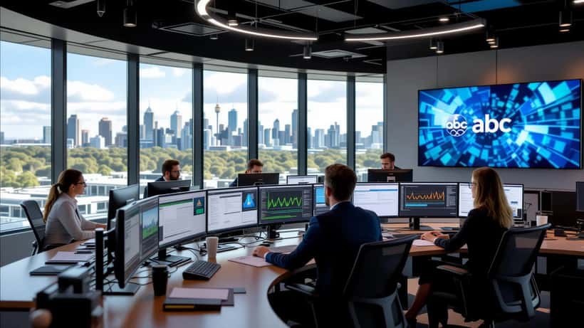 Modern ABC newsroom with journalists and broadcast monitors in 2026