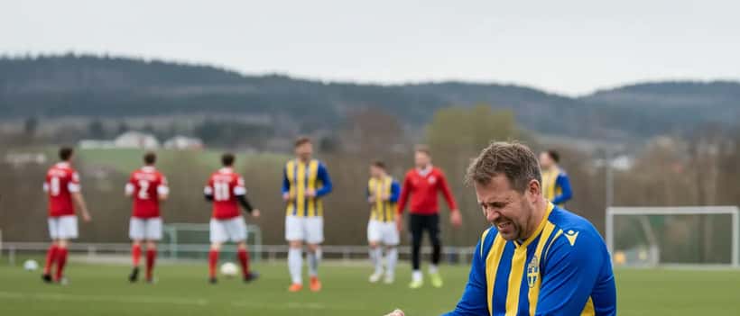 Svensk amatörfotbollsspelare som sitter på sidlinjen och håller om sitt knä efter en skada på gräsplan