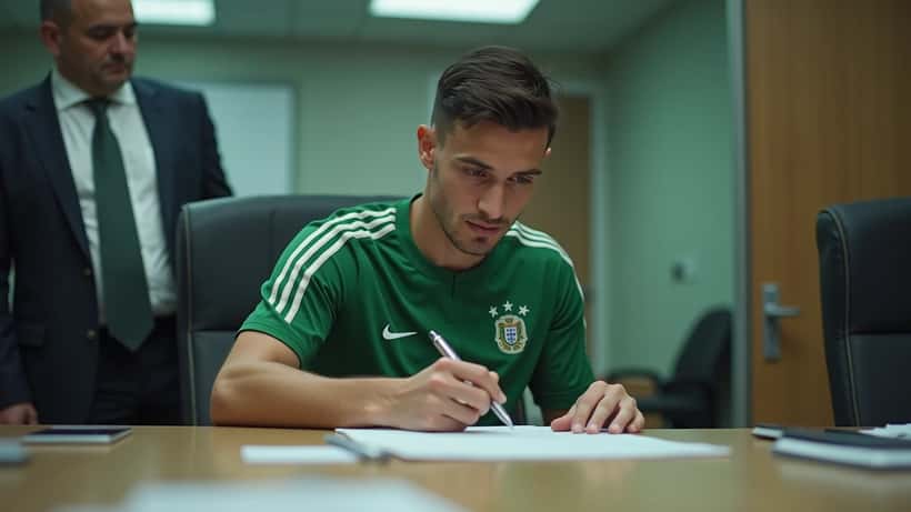 Jovem futebolista português em roupa de treino a assinar um contrato desportivo numa sala de reuniões de clube