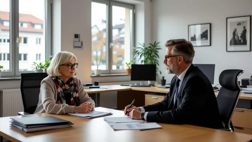 Hinterbliebene und Rechtsanwalt im deutschen Gerichtssaal bei einer Nebenklageverhandlung