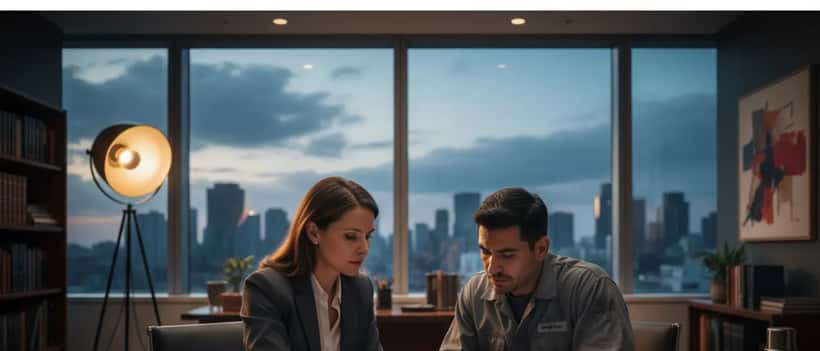 American employment lawyer reviews workplace safety documents with factory worker client in professional office setting