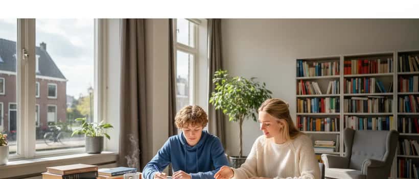 Nederlandse bijlesleraar begeleidt leerling aan studeertafel in lichte studeerruimte