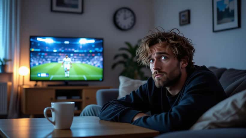 Supporter suisse épuisé regardant la Coupe du Monde 2026 sur sa TV à 3h du matin dans un appartement genevois