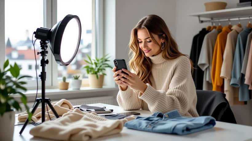 Norsk influencer fotograferer klesprodukter for Instagram i Oslo, markedsføring og merkeplikt 2026