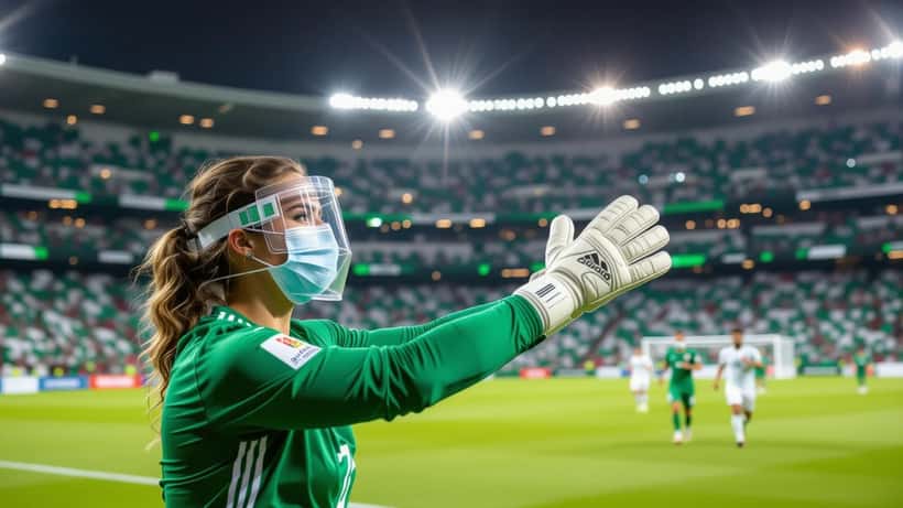 Goleiro da Argélia com máscara protetora faz defesa em estádio lotado durante a Copa do Mundo 2026