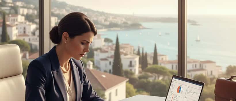 Imprenditrice italiana che esamina documenti legali in un ufficio moderno con vista sul mare
