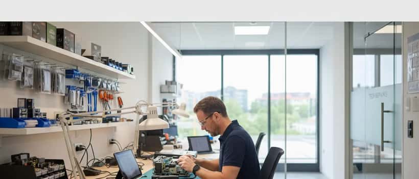 Technicien électronique réparant une console de jeu dans un atelier professionnel
